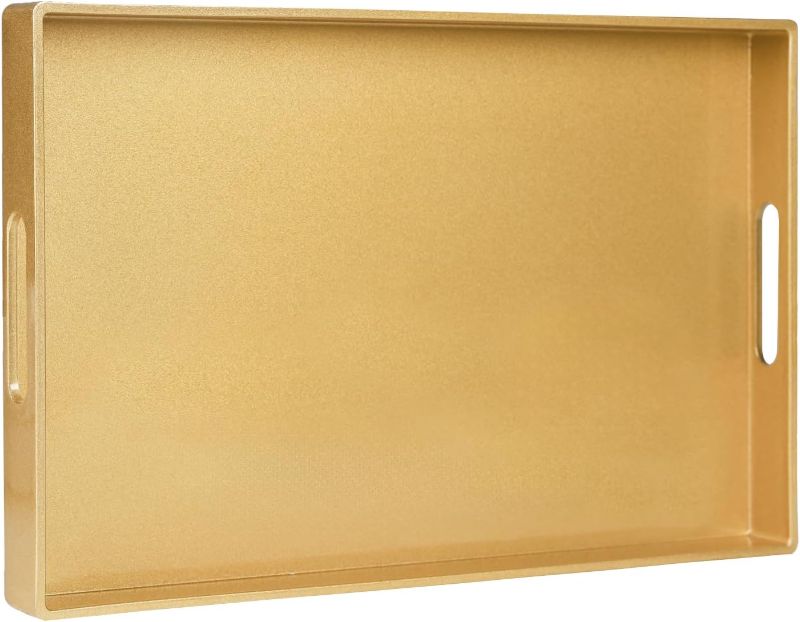 Photo 1 of MAONAME Gold Decorative Tray for Coffee Table, Modern Serving Tray with Handles, Plastic Ottoman Trays for Living Room, Bathroom Decor, 15.8" L x 10...
