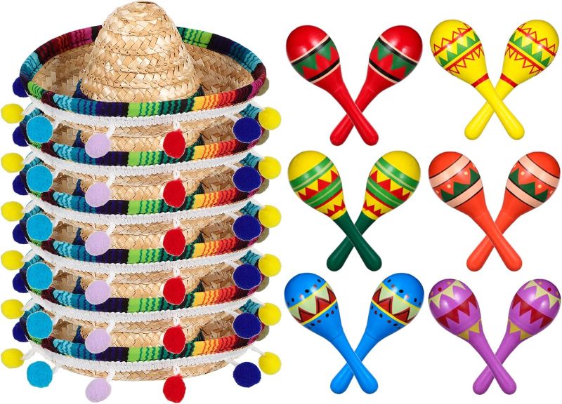 Photo 1 of Honoson 12 Pcs Wooden Fiesta Maracas 6 Pcs Cinco De Mayo Mini Sombrero Top Hat for Kid Festival sombrero Mexican Party Decor(18 Pcs,Fresh Style)
