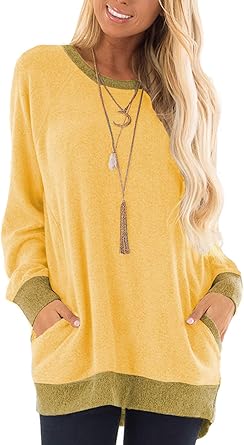 Photo 1 of Womens Casual Color Block Long Sleeve Round Neck Pocket T Shirts Blouses Sweatshirts Tops