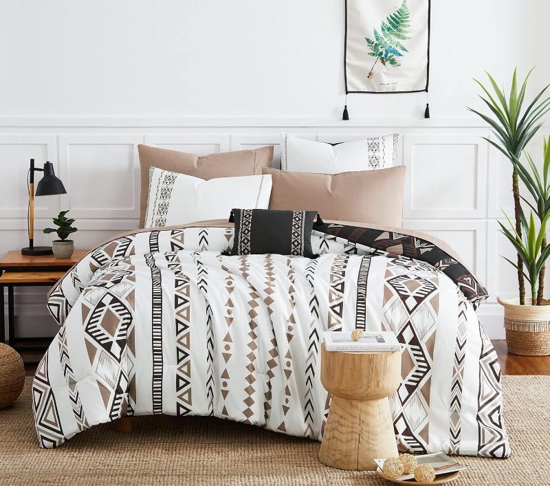 Photo 1 of Geniospin Queen Comforter Set, Boho Aztec Comforter Set 8 Pieces, All Season Reversible Bed in A Bag, Soft Bedding, Lightweight, Warm and Breathable (Brown, 90"x90")
