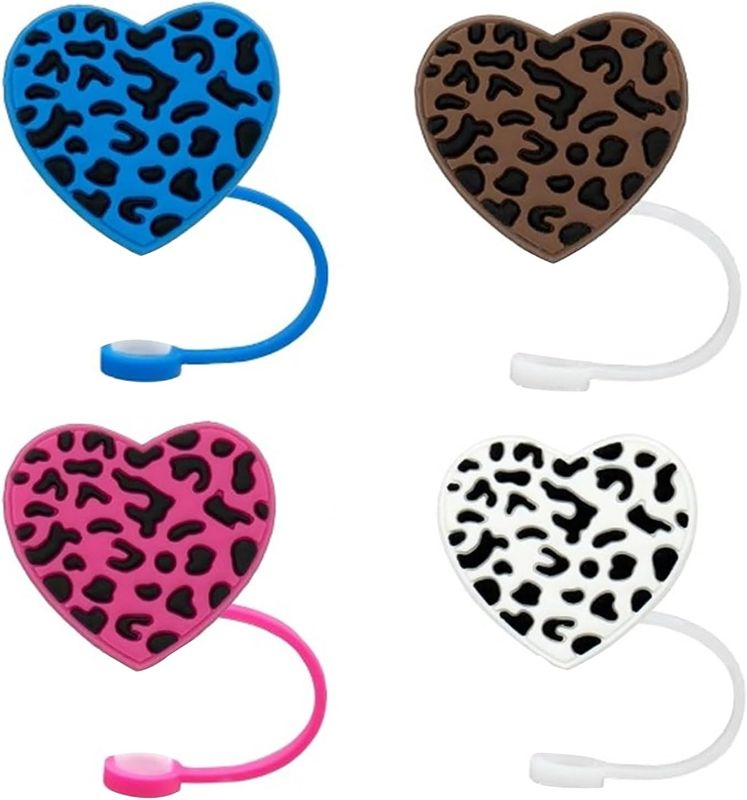 Photo 1 of  Leopard Print Heart Straw Cap Reusable Dustproof Silicone Straw Cover For Tumblers Cup Valentines Day Wedding Decor Straw Cover For Child
