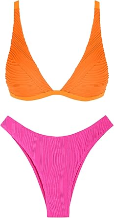 Photo 1 of ZAFUL Bikini Sets for Women Triangle Textured Plunging High Cut Cheeky Bikini Swimsuits Two Piece Bathing Suits
