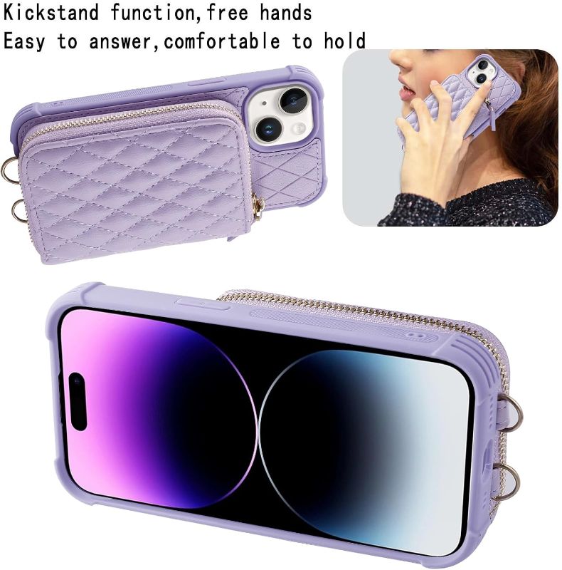 Photo 1 of MONASAY Zipper Wallet Case Compatible for iPhone 15,[Glass Screen Protector ][RFID Blocking]Flip Leather Handbag Phone Cover with Card Holder&Detachable Crossbody Shoulder Lanyard Strap, Light purple

