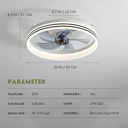 Photo 1 of Ceiling Fans with Lights, Flush Mount Ceiling Fan with Lights and Remote, 6 Wind Speeds Smart Low Profile Ceiling Fan for Bedroom, Dining Room and Kitchen 20" (White)