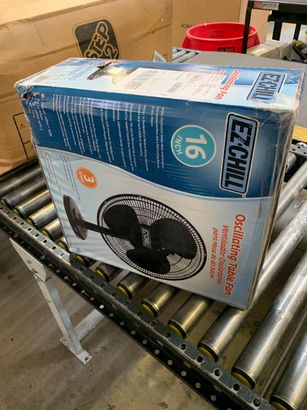 Photo 1 of EZ-CHILL 16” Oscillating Table Fan with Adjustable Tilt, Convenient Push Button Controls, Quiet, 3 Speed, Desk Fan, Airflow 15.75 ft/sec, Ideal for Home, Bedroom, Dorm & Office, MTFD-16-BLK
