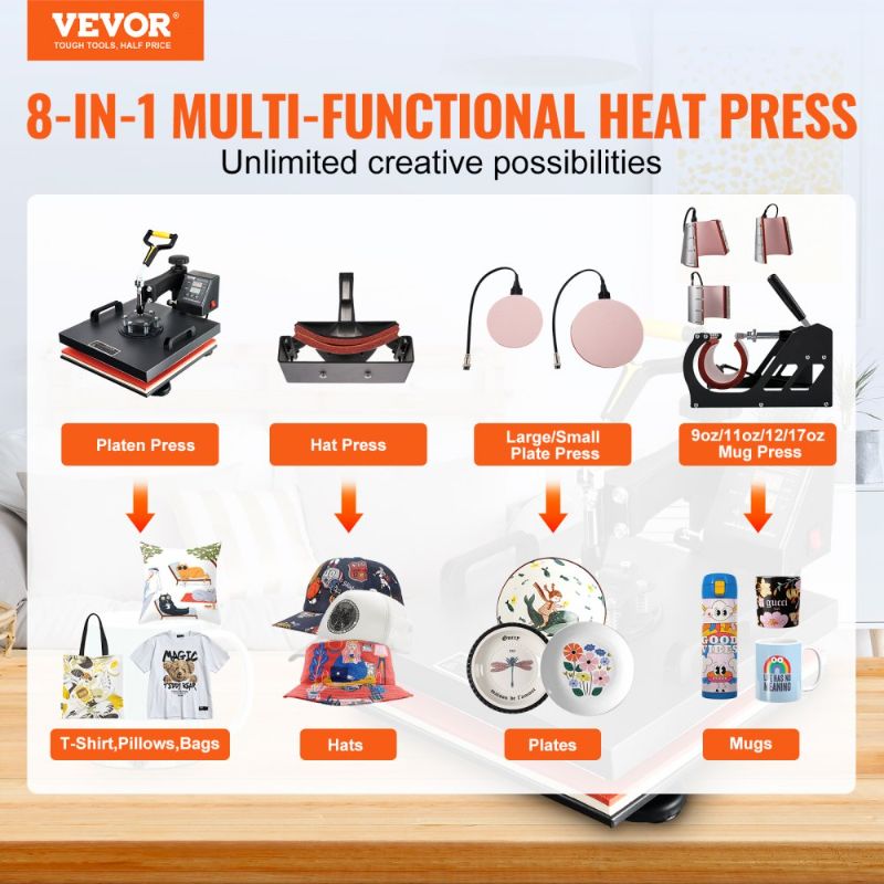 Photo 1 of VEVOR Heat Press Machine 15x15Inch 8pcs 1050W Combo Digital Multifunctional Sublimation Heat Transfer Machine Dual LED Display for T Shirts Hat Mug Cap Plate Swing Away Design
