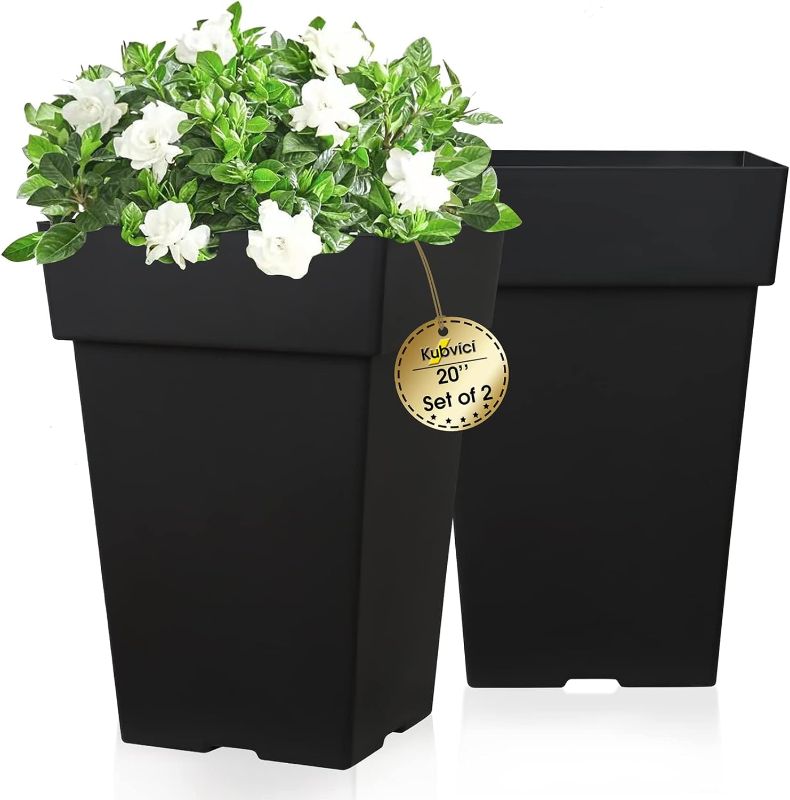 Photo 1 of kubvici 20 Inch Tall Planters for Outdoor Indoor Plants, Set of 2 Large Plastic Plant Pots Flower Pot Outdoor Planter for Front Porch Door Balcony Deck with Drainage, with Removable Wheel, Black 20"
