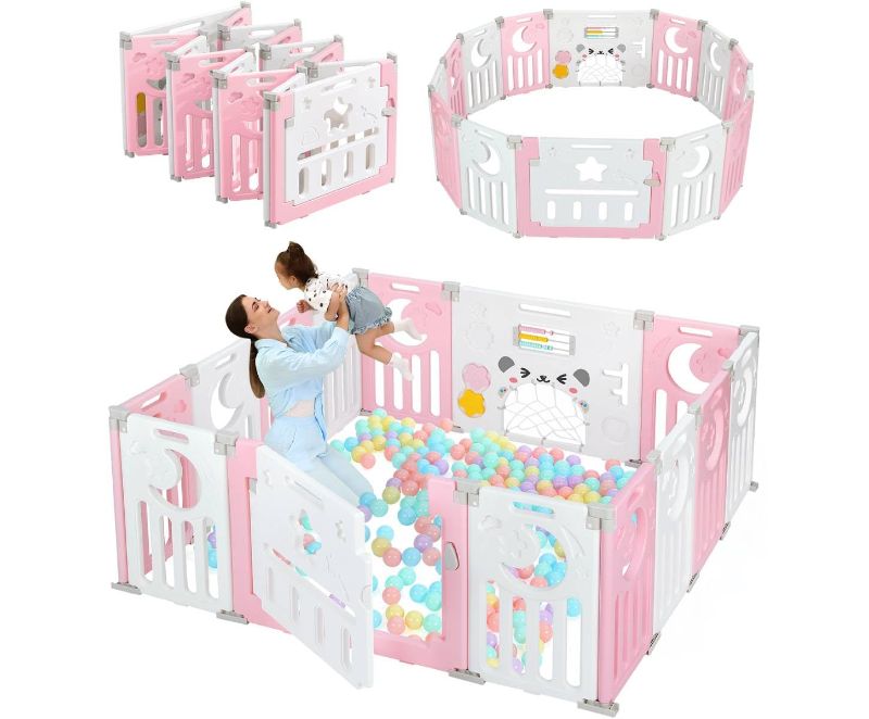 Photo 1 of Baby Playpen, Dripex Foldable Playpen for Babies and Toddlers, Custom Shape Baby Fence, Safety Play Yard with Gate, Portable Play Area for Indoor or Outdoor, Pink White, 14 Panel
