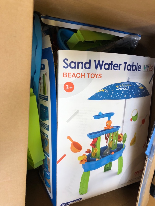 Photo 1 of HYES 3-Tier Water Table for Toddlers 3-5 With Umbrella, Pump, Cover - Rain Showers Splash Pond for Outdoor Beach, Activity Sensory Play for Boys Girls