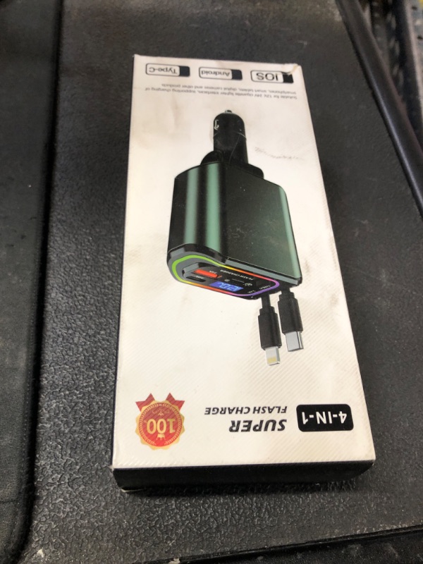 Photo 1 of Compact Retractable Car Charger USB C 100W 4 in 1 Fast Charging Car Accessories Car Phone Charger with Retractable Cord(35.5in) and RGB Light for iPhone 16 15 14 13 12 11 Samsung Android Laptops