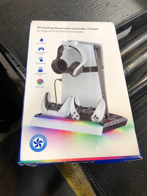 Photo 1 of Rysker PS5/Slim/Pro Stand for Disc & Digital Console, PS5 Cooling & Charging Station with RGB Ambient Lighting, PS5 Controller Charger Built-in 3 Level Fan, PS5/Slim/Pro Accessories Comes 3 USB Ports
