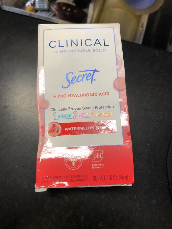 Photo 1 of Secret Clinical Strength Antiperspirant Deodorant for Women, 3X Stress Protection, 72hr Sweat & Odor Protection, Pro-Hyaluronic Acid, Invisible Solid, Watermelon Summer Fizz Scent, 1.6 oz