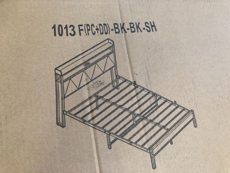Photo 1 of VERFARM Full Bed Frame with LED Lights Storage Upholstered Headboard and Charging Station, Metal Platform Double Bed Frame Full Size with 2-Tier Storage Shelves, No Box Spring Needed, Easy Assembly