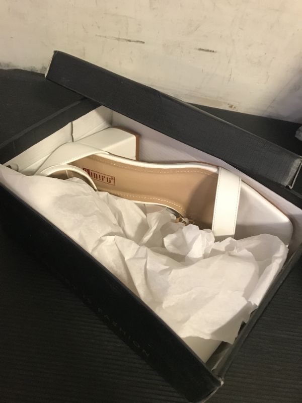 Photo 1 of Size 9--IDIFU White Heels Chunky Block Low Heels Square Open Toe Ankle Strap Short Heeled Sandals Wedding Bride Bridal Summer Prom Dress Shoes for Women Dressy Comfortable Small Heels(White Pu, 9)