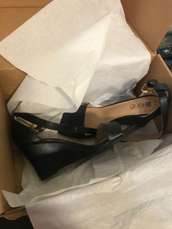 Photo 1 of Size 7--IDIFU Women's Classic Wedge Heels Sandals 3 Inch Ankle Strap Open Toe Evening Dress Wedding Shoes (Black Pu, 7 M US)