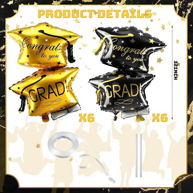 Photo 1 of  Black and Gold Graduation Hat Balloon 32 Inches Congrats Grad Cap Foil Balloons for Class of 2025 Party Decorations Supplies