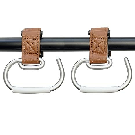 Photo 1 of 2 Pcs Stroller Hooks, Mommy Stroller Clip and Stroller Accessories Organizer Hook, Brushed Aluminum Hook for Strollers/Walkers/Mobility Scooter/Wheelchair/Rollator(Brown)