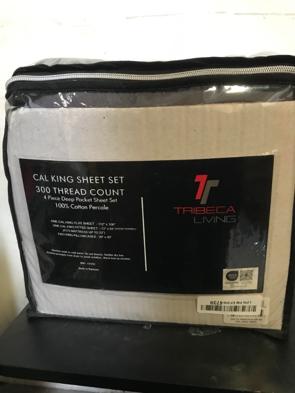 Photo 1 of Tribeca Living California King Bed Sheet Set, Crisp and Smooth Cotton Percale Solid Sheets and Pillowcase Set, Extra Deep Pocket, 300 Thread Count, 4-Piece Luxury Bedding, Grey