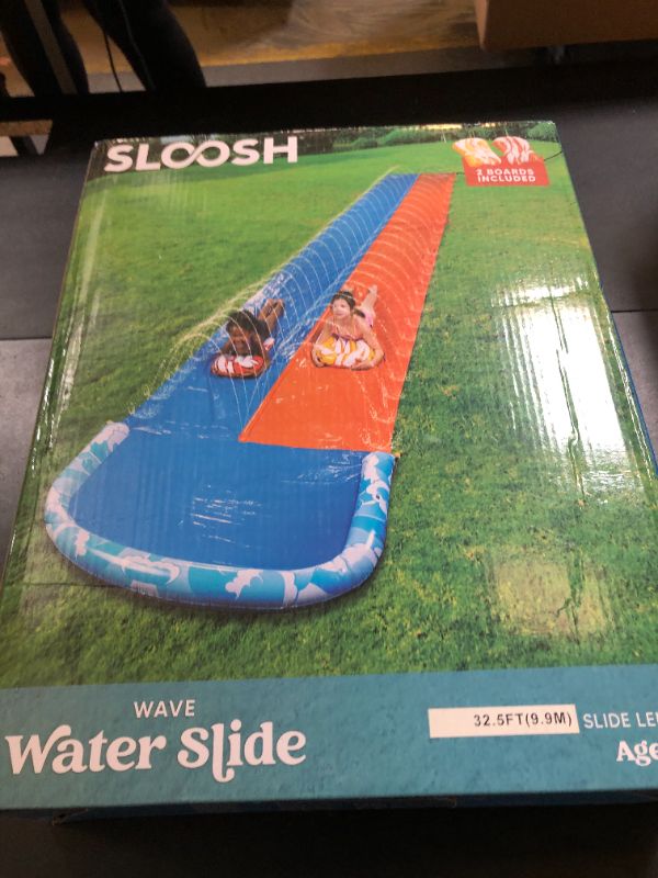 Photo 1 of JOYIN 32.5FT Water Slide and 2 Inflatable Boards, Extra Long Double Lawn Heavy Duty Splash Mat Pad with Sprinkler for Kids Adults Backyard Summer Water Toy Outdoor Fun, Blue, Orange