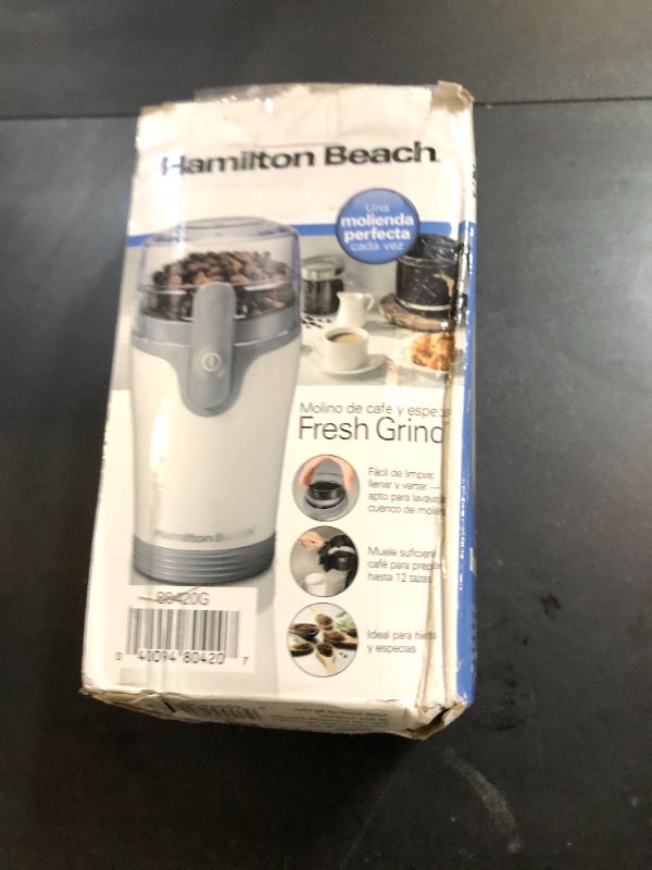 Photo 1 of Hamilton Beach Fresh Grind Electric Coffee Grinder for Beans, Spices and More, Stainless Steel Blades, Removable Chamber, Makes up to 12 Cups, White