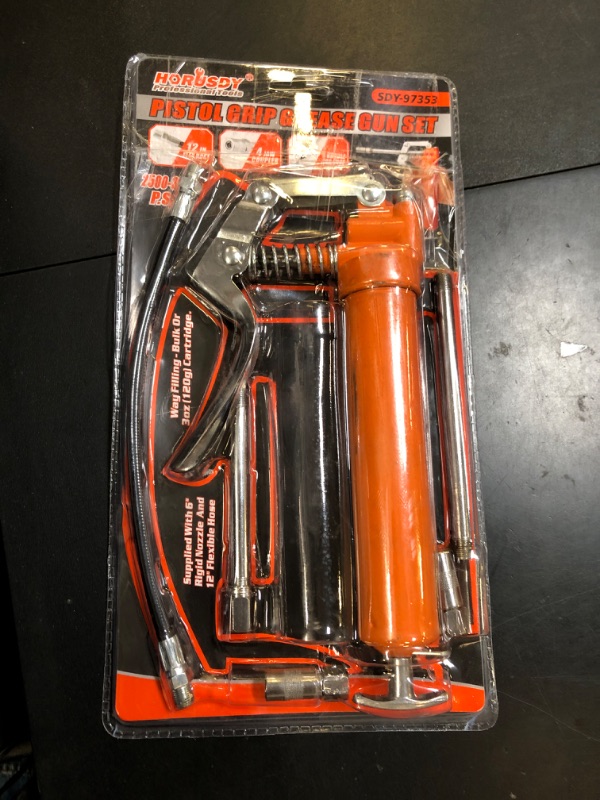 Photo 1 of HORUSDY Mini Pistol Grip Grease Gun (2900 PSI), Includes 3 OZ. Grease, Reinforced Working Coupler & 12'' Flexible Hose for Automotive, Marine, Machinery & DIY Lubrication