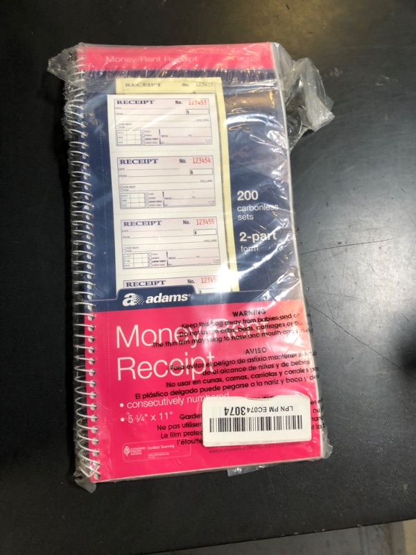 Photo 1 of Adams Money and Rent Receipt Book, 2-Part Carbonless, 5-1/4" x 11", Spiral Bound, 200 Sets per Book, 4 Receipts per Page (SC1152)