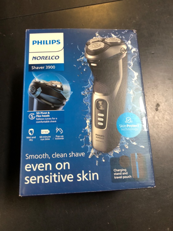 Photo 1 of Philips Norelco Shaver 3900 Series, Wet and Dry Electric Shaver, P-Cap, Travel Pouch, Charging Stand, Storm Blue, Model S3341/92