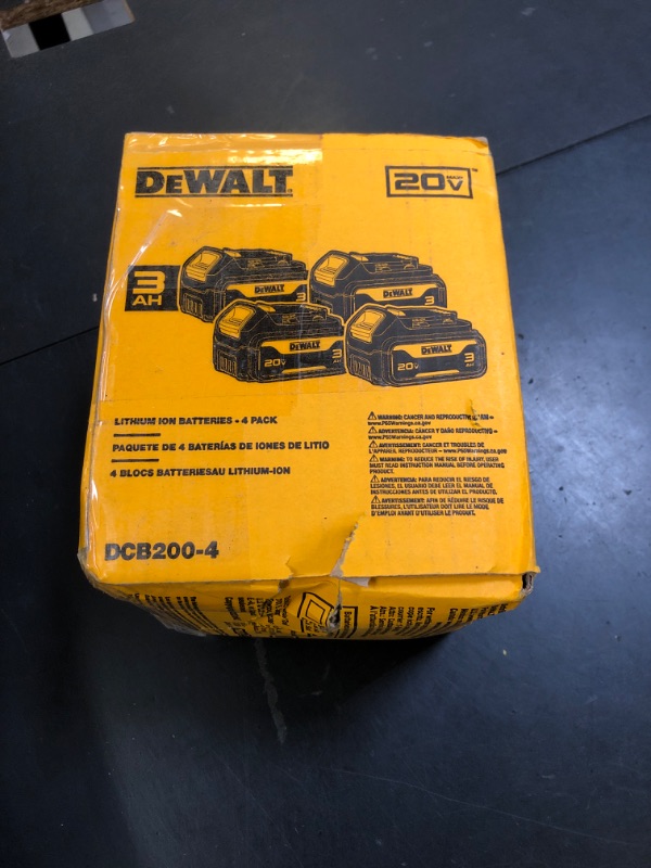 Photo 1 of DEWALT 20V MAX Battery with LED Charge Indicator, 3 Amp Hour, 4 Pack (DCB200-4)