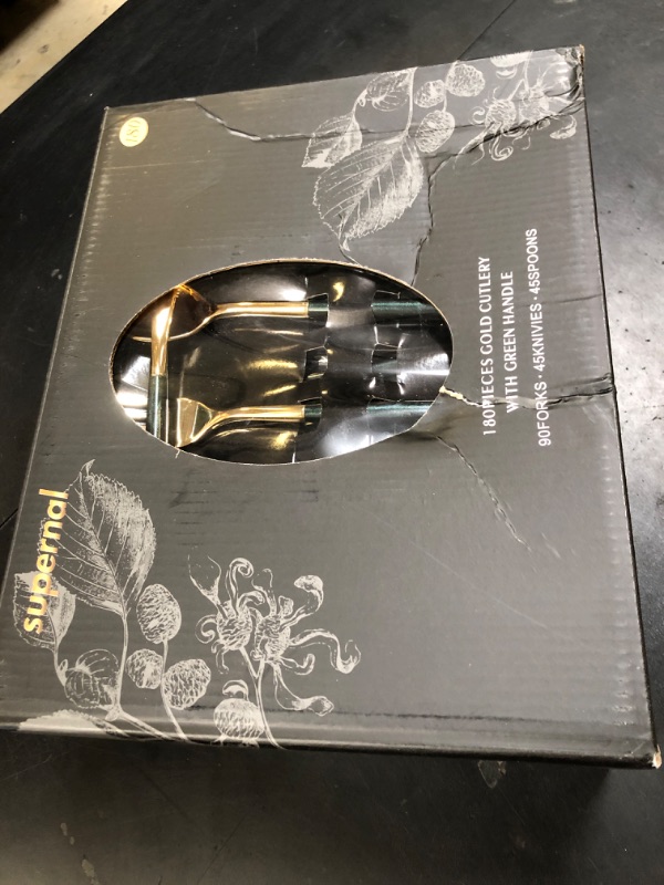 Photo 1 of Supernal 180pcs Gold-Silver Plastic Cutlery, Green Glitter Handles - 45 Knives, 45 Dinner & Dessert Forks, 45 Spoons, Perfect for Parties & Birthdays