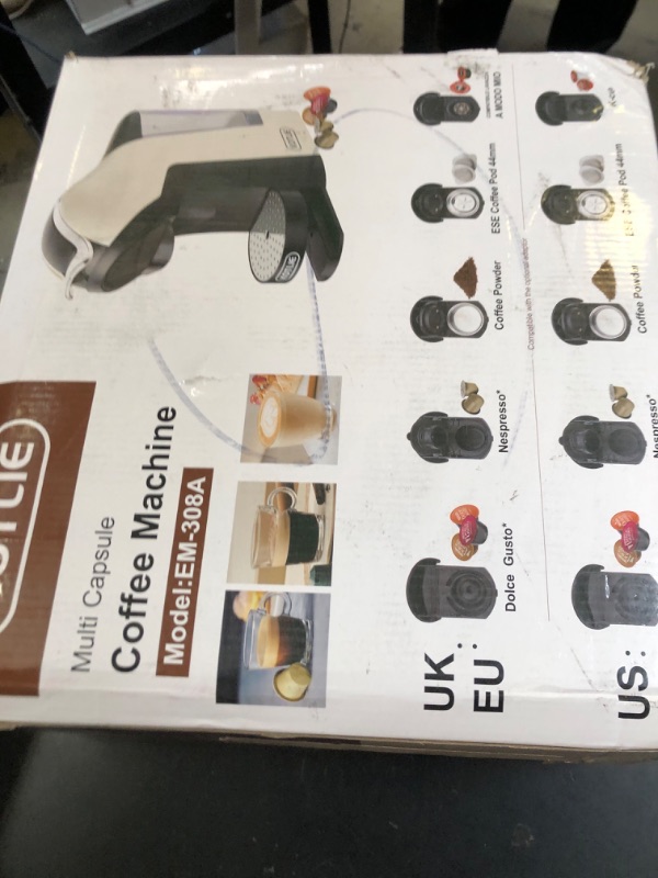 Photo 1 of KOTLIE 5in1 19Bar Multicapsule Espresso Coffee Machine, Cold&Hot Brewing Single-Serve Coffee Maker, Cappuccino&Latte Maker for Kcup/Dolce Gusto/Nespresso Original/GroundCoffee/44mm ESE EM-308A (White)