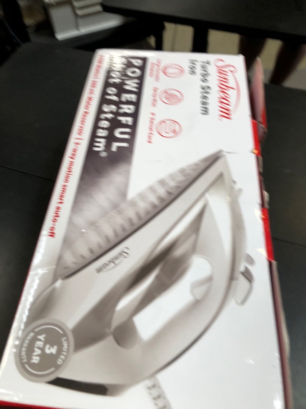 Photo 1 of Sunbeam Turbo Steam Iron, 1700 Watt, Nonstick Ceramic Soleplate, Horizontal or Vertical Shot of Steam, Quick Heating, 3-Way Auto-Off, White and Chrome,9.3"L x 3.7"W