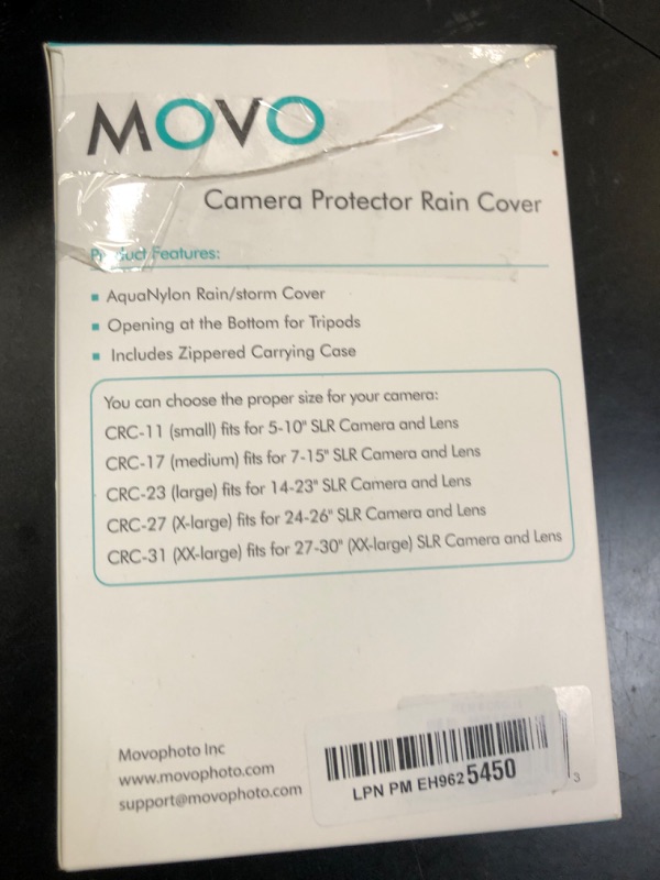 Photo 1 of Movo CRC11 Camera Rain Coat Rain Cover for DSLR Cameras and Mirrorless Cameras and Lens (Junior Size: 11" x 14.5")