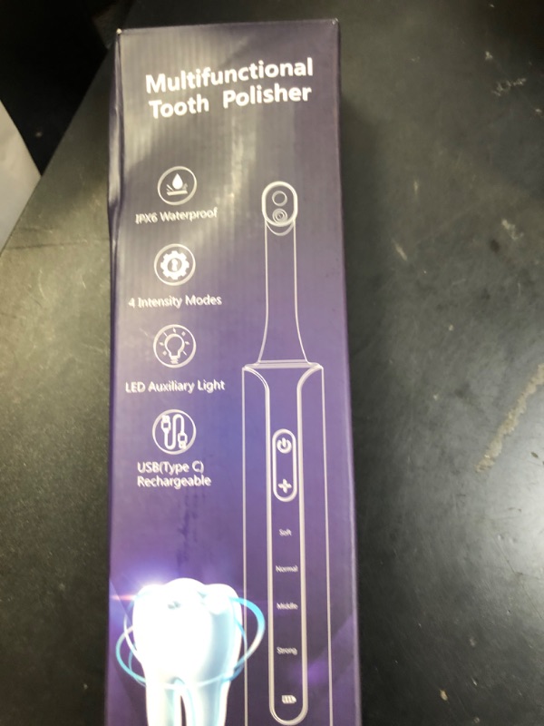 Photo 1 of Tooth Polisher, Rechargeable Teeth Polisher with 5 Brush Heads, 4 Speed Modes, Tooth Whitening Kit for Cleaning and Polishing, LED Light, 3 Polish Pastes, IPX6 Waterproof Teeth Cleaning Tools, Black