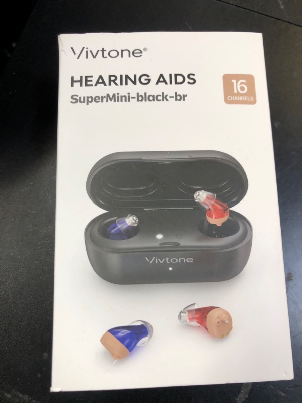 Photo 1 of Vivtone Supermini Hearing Aids (Not Amplifiers), Rechargeable Digital Hearing Devices with 16-channel Sound Processing for Superior Sound Quality, Over-the-Counter, Pair (Blue & Red with Black Case)