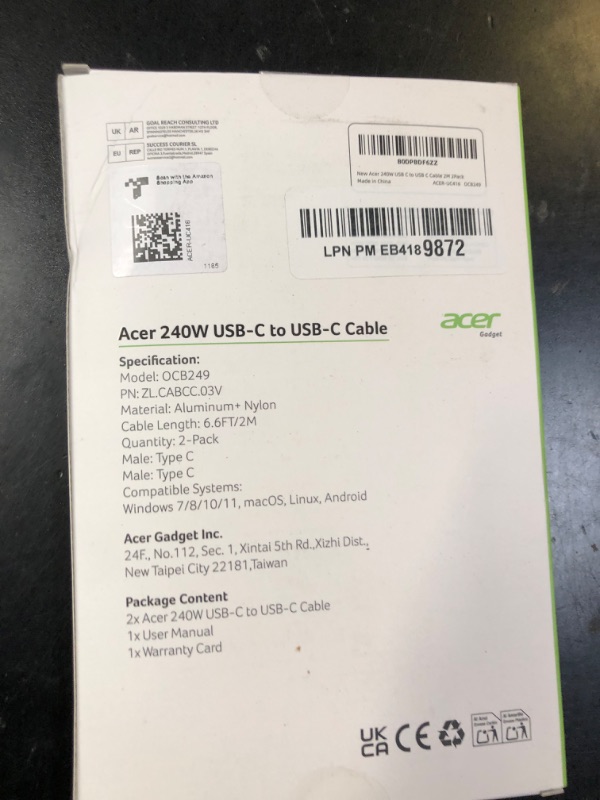 Photo 1 of acer USBC Cable, 240W USB C Cable (6.6FT/2 Pack), C to C Fast Charging Nylon Braided Type-C Charger Cord Compatible with iPhone16/15 Pro Max, Galaxy S25/S24, MacBook Pro/Air, iPad, Laptop, etc.