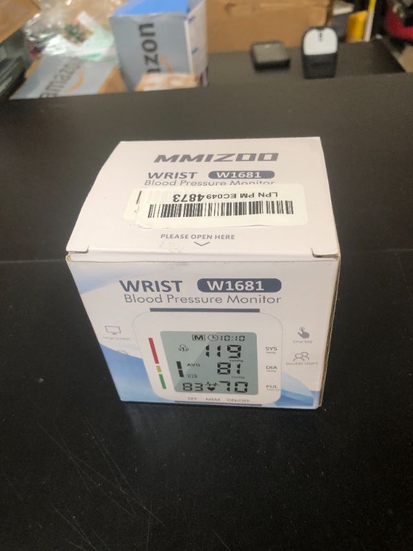 Photo 1 of MMIZOO Wrist Blood Pressure Monitor Large LCD Display BP Machine Adjustable Cuff 5.31-7.68 inch Automatic 99x2 Sets Memory with Carrying Case for Home Use (W1681)