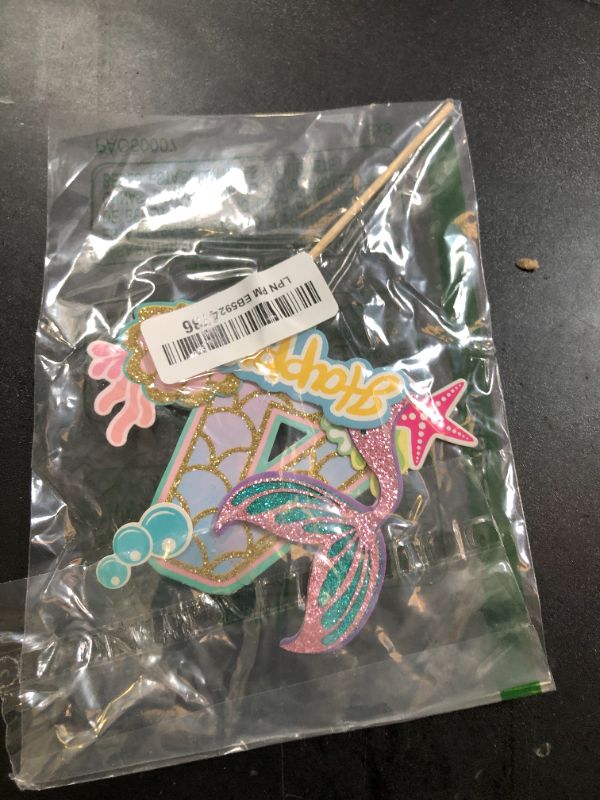 Photo 1 of Gyufise 1Pc Mermaid Four Cake Topper Happy 4th Birthday Cake Decorations for Boys Girls Babyshower Under the Sea Themed Mermaid Birthday Party Decoration Supplies