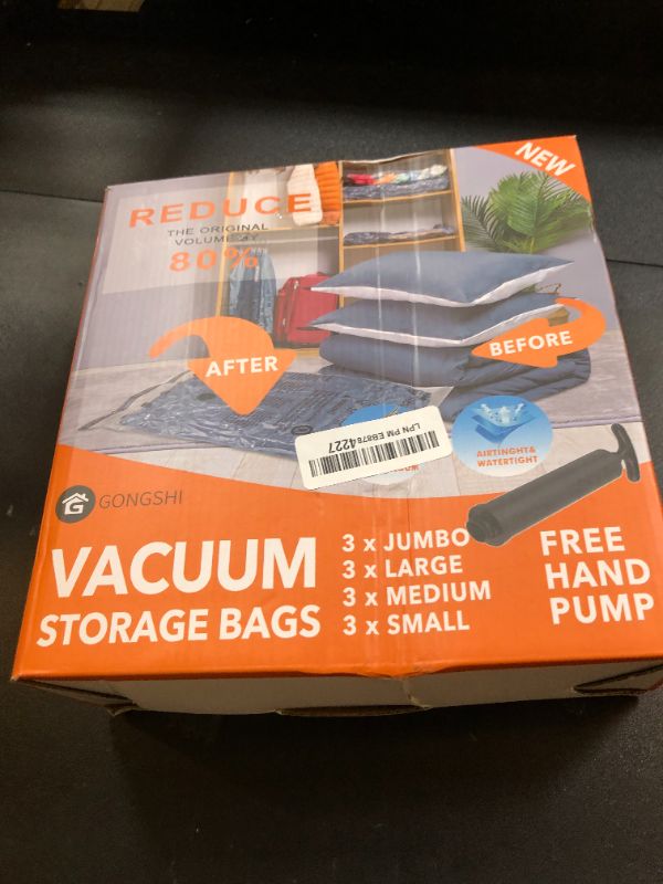 Photo 1 of 12 Pack Vacuum Storage Bags (3 Jumbo, 3 Large, 3 Medium, 3 Small),Plastic Packaging Bags,Space Saver Sealer Compression Bags with Travel Hand Pump for Blankets, Comforters, Pillows, Clothes Storage