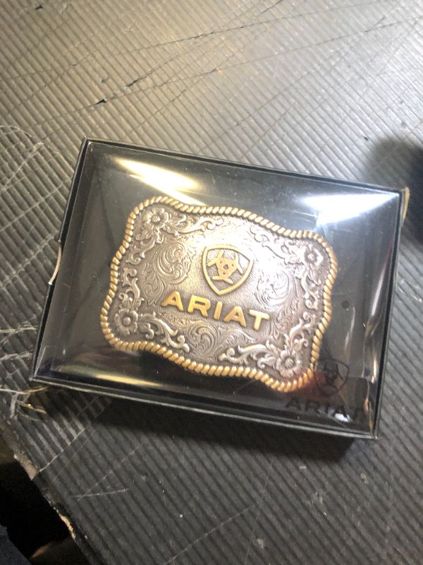 Photo 1 of ARIAT Large Scalloped Shape Buckle with Logo, Floral and Scroll Detail, Twisted Rope Trim, 3.75"x 2.75"