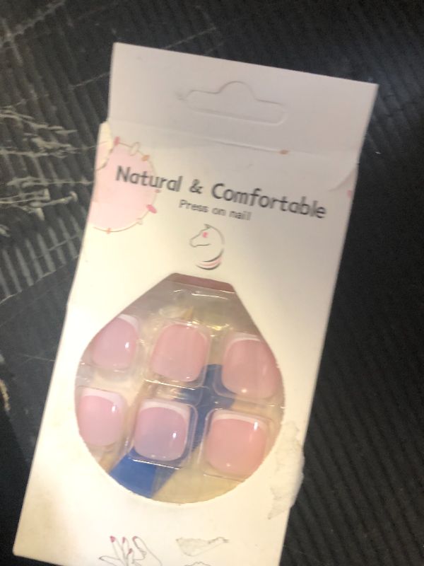 Photo 1 of French Tip Press on Toenails Short Square Fake Toe Nails Pink Acrylic Toenails Full Cove Glossy Stick on Toenails Summer Artificial Glue on Toenails 24Pcs