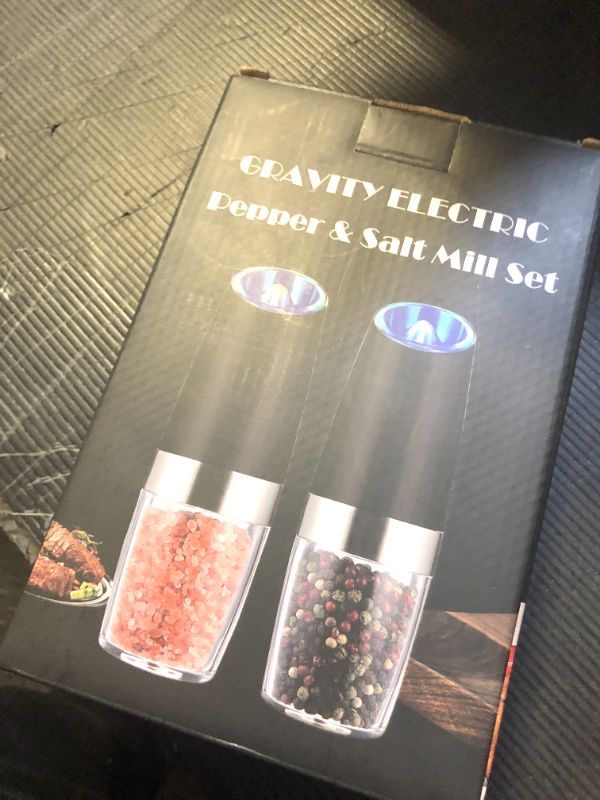 Photo 1 of Sweet Alice Gravity Electric Pepper and Salt Grinder Set, Adjustable Coarseness, Battery Powered with LED Light, One Hand Automatic Operation, Stainless Steel Black, 2 Pack