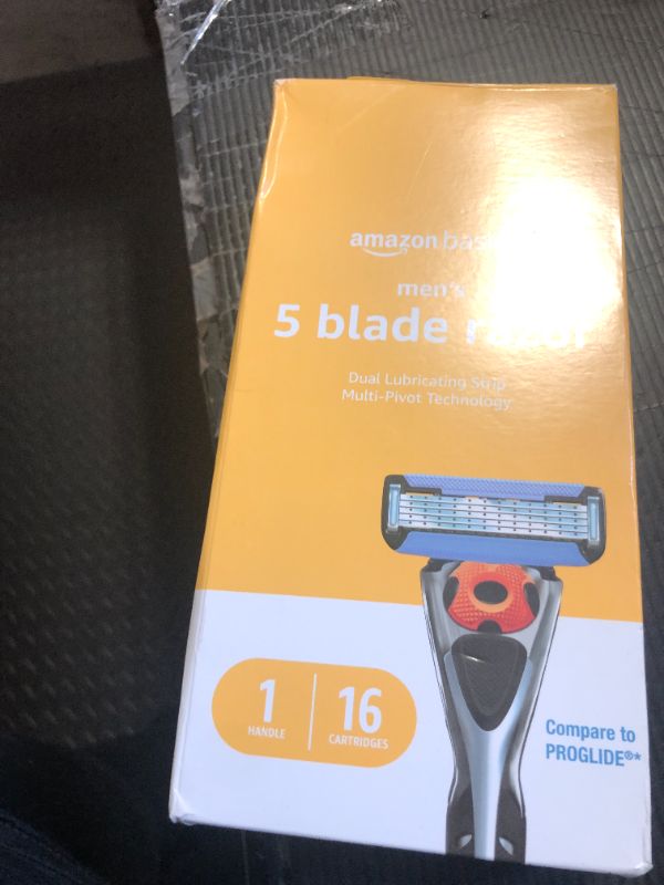 Photo 1 of Amazon Basics 5-Blade MotionSphere Men's Razor with Dual Lubrication and Precision Trimmer, 17 Piece Set, 1 Handle & 16 Cartridges, Black