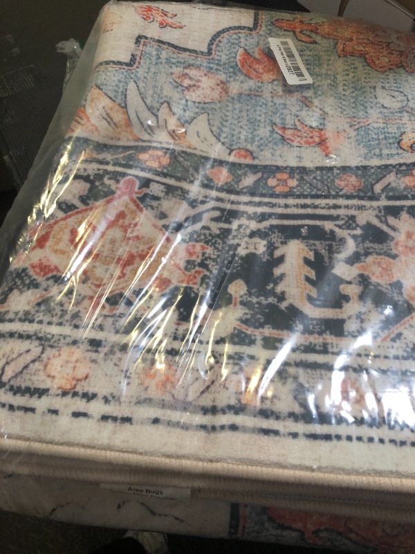 Photo 1 of RELEANY Area Rugs 5'x7' Washable Non-Slip, Floral Vintage Distress Print Pattern Medallion Carpet for Living Room Bedroom Dining Room, Beige Navy Blue Orange Colorful
