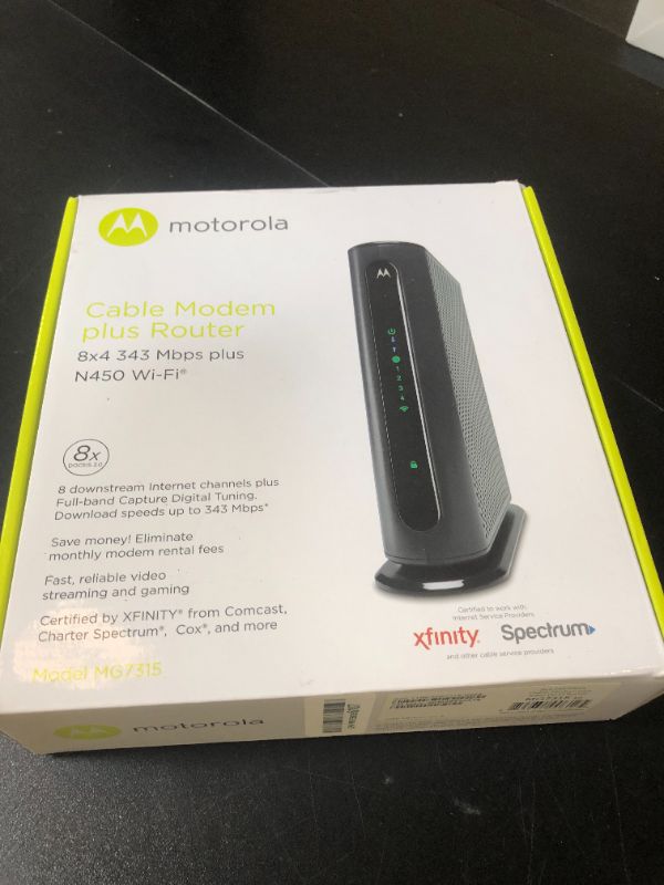 Photo 1 of Motorola MG7315 Modem WiFi Router Combo | DOCSIS 3.0 Cable Modem + N450 Single Band Wi-Fi Gigabit Router | 343 Mbps Max Speeds | Approved by Cox and Spectrum