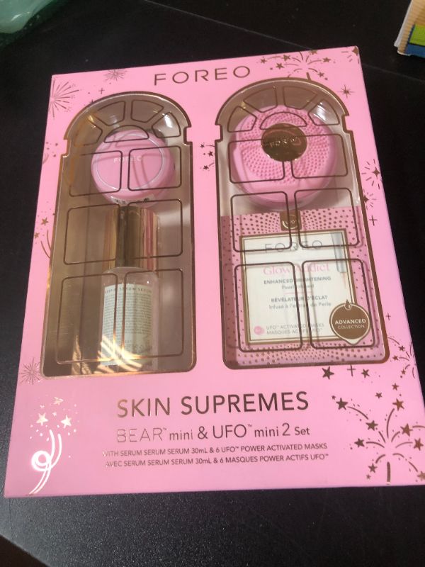 Photo 1 of FOREO BEAR mini Microcurrent Facial Device + UFO mini 2 Face Mask Treatment + SERUM 1 fl. oz. + 6 UFO Power Activated Masks Skin Supremes Holiday Set