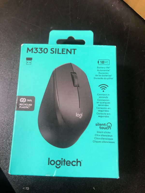 Photo 1 of Logitech M330 SILENT Wireless Mouse, 2.4GHz with USB Receiver, Optical Tracking, Quiet & Lightweight, Long Battery Life, for PC, Mac, Laptop, Chromebook - Black
