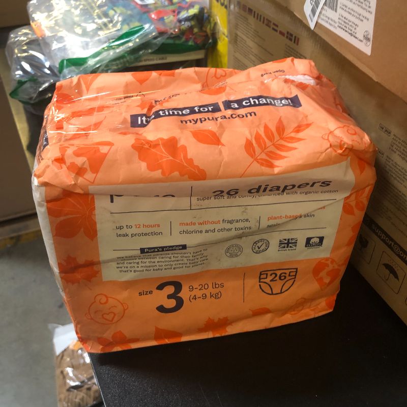 Photo 1 of Pura Size 3 Eco-Friendly Diapers (9-20 lbs) Totally Chlorine Free (TCF) Hypoallergenic, Soft Organic Cotton, Sustainable, up to 12 Hours Leak Protection, Allergy UK, 1 Pack of 26 Diapers