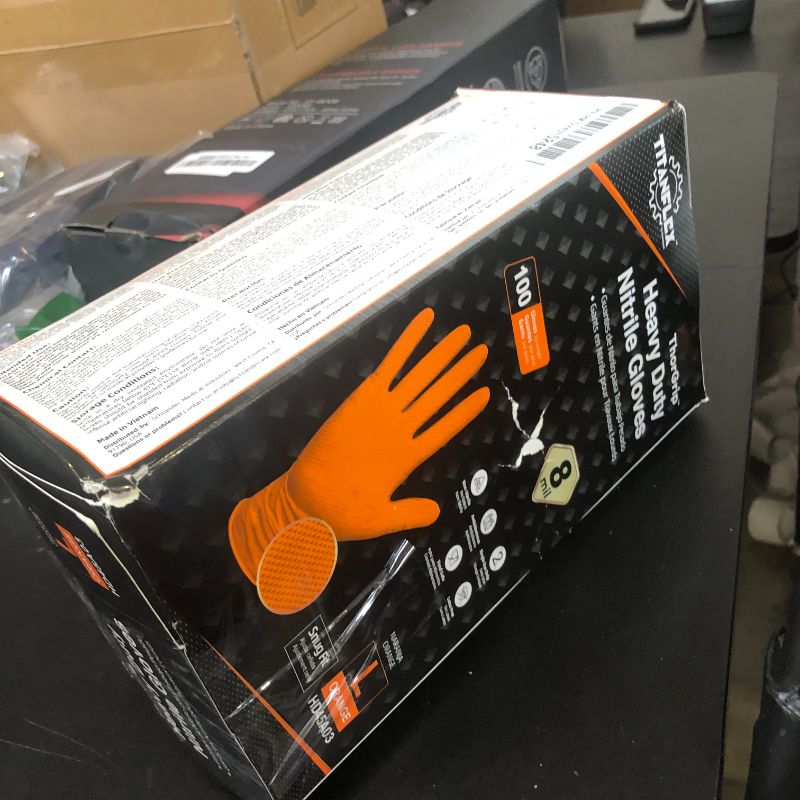 Photo 1 of TitanFlex ThorGrip Heavy Duty Industrial Orange Nitrile Gloves, 8-mil, Gloves Disposable Latex Free with Raised Diamond Texture Grip, Powder Free, Rubber Gloves, Mechanic Gloves,100-ct Box (Large)