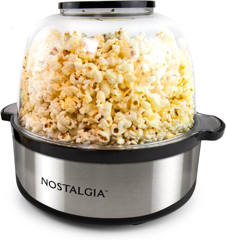 Photo 1 of Nostalgia 6-Quart Stirring Popcorn Popper With Quick-Heat Technology, Makes 24 Cups of Popcorn, Kernel Measuring Cup, Oil Free, Makes Roasted Nuts, Perfect for Birthday Parties, Stainless
