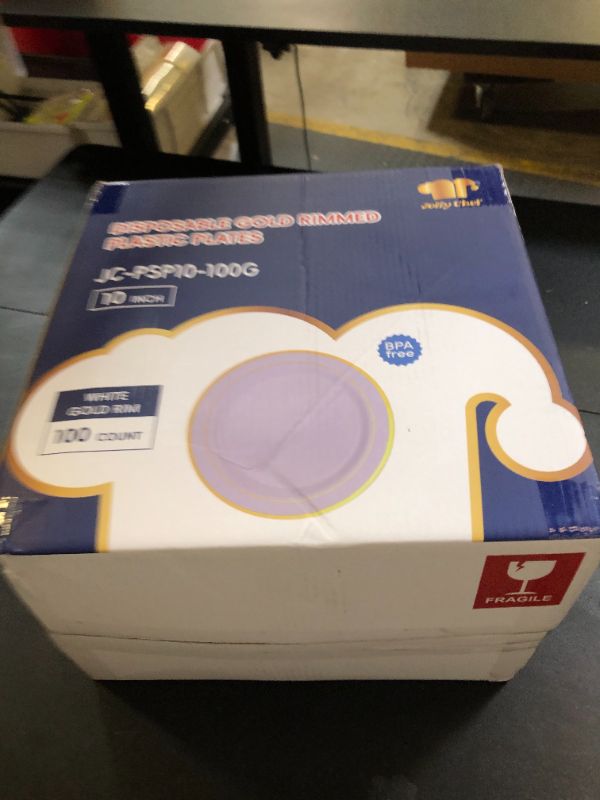 Photo 1 of JOLLY CHEF 100 Pieces Gold Plastic Plates, 10 Inch Disposable Dinner White with Gold Rim, Heavy Duty Disposable Plastic Plates for Dinner, Birthdays and Weddings